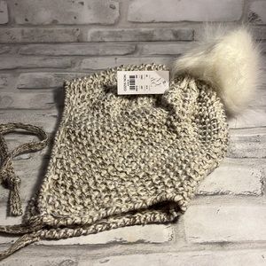 Winter furry pom pom knit hat gold white gray tie strings ladies beanie pretty